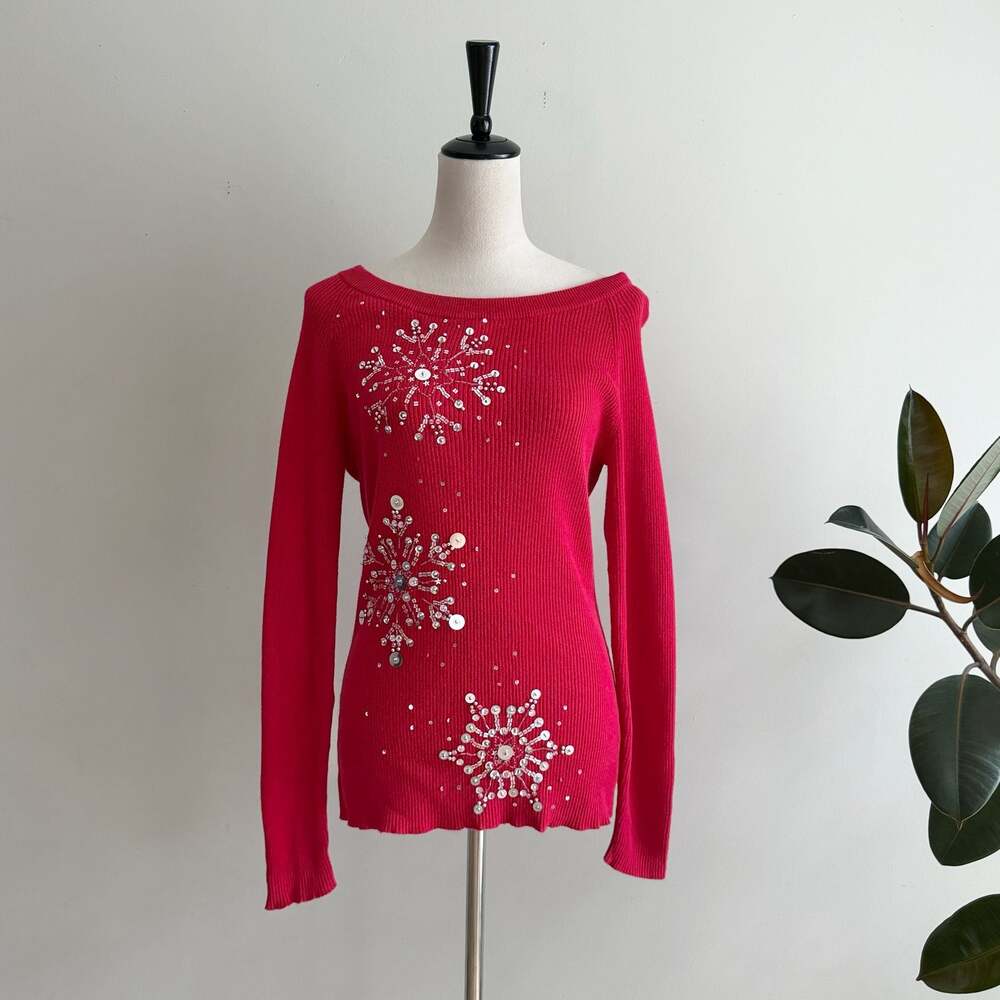 Boston Proper Red Sequin Beaded Snowflake Boat Neck Ribbed Sweater M